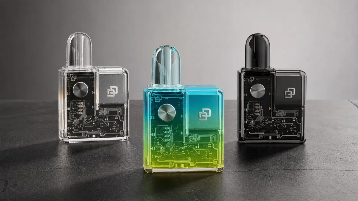 เครื่อง DD CUBE POD สีฟ้าเขียวพร้อมตัวเลือกสีใสและสีดำ