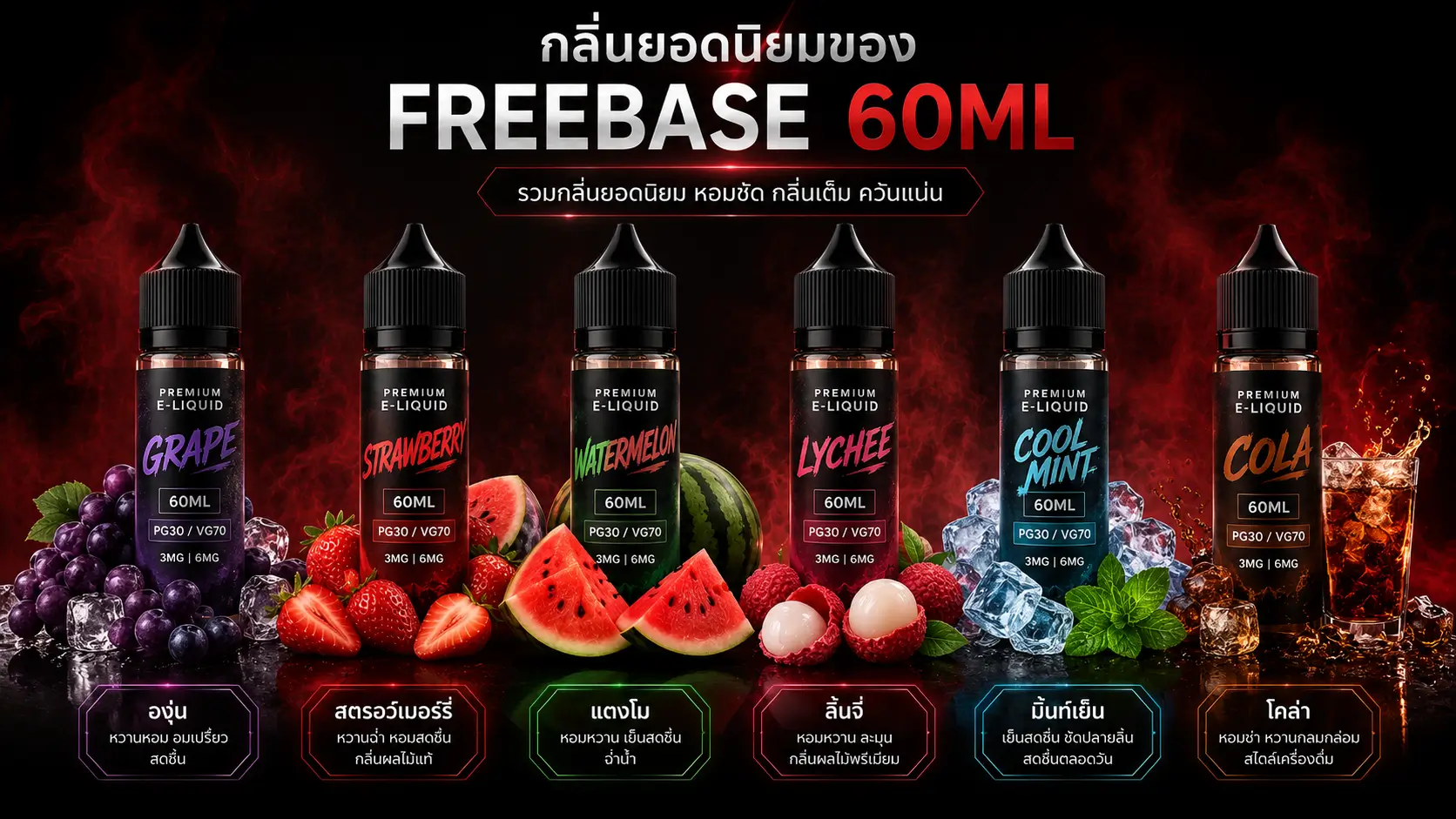 น้ำยา Freebase 60ml กลิ่นผลไม้ กลิ่นเย็น และกลิ่นเครื่องดื่ม